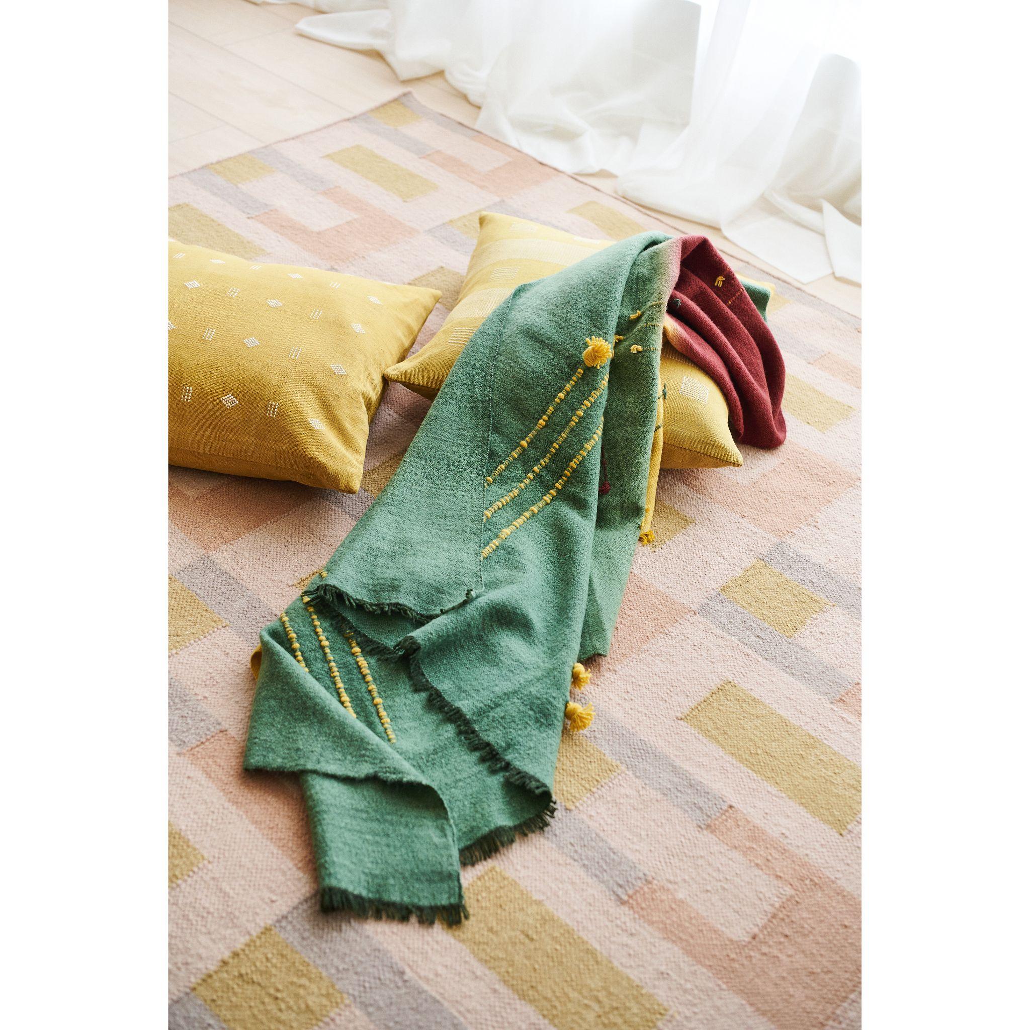 Avocado Green Multi Color Warm Hue Hand Woven Hand Knotted Textured Merino Throw For Sale 2
