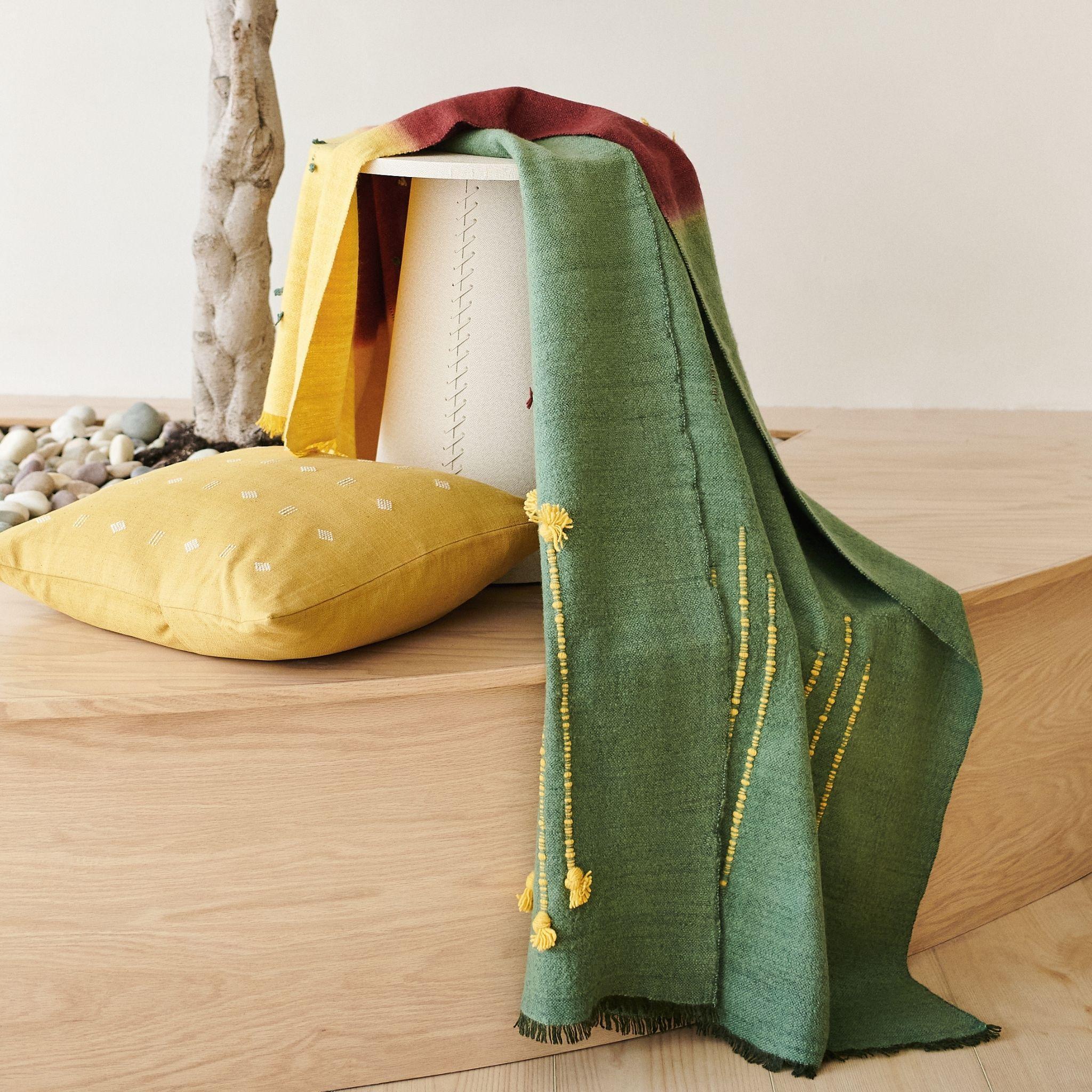 Avocado Green Multi Color Warm Hue Hand Woven Hand Knotted Textured Merino Throw For Sale 3