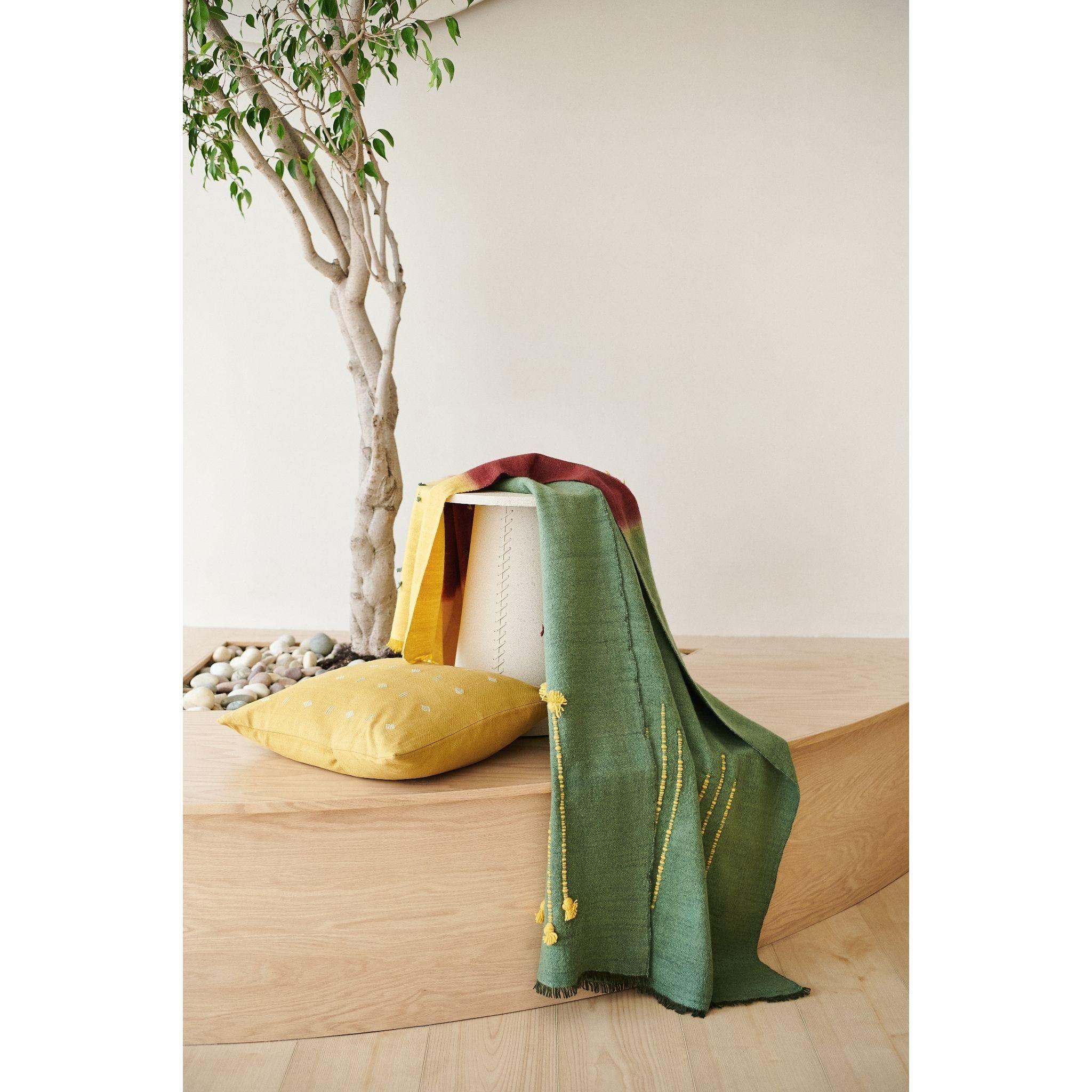 Avocado Green Multi Color Warm Hue Hand Woven Hand Knotted Textured Merino Throw For Sale 4