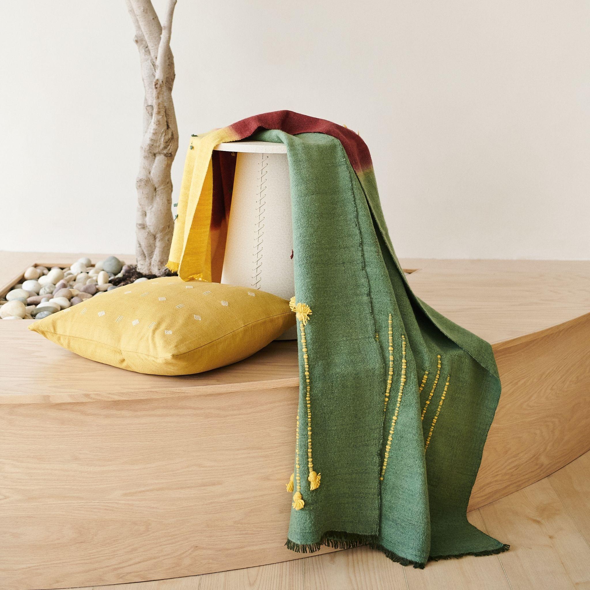 Avocado Green Multi Color Warm Hue Hand Woven Hand Knotted Textured Merino Throw For Sale 5