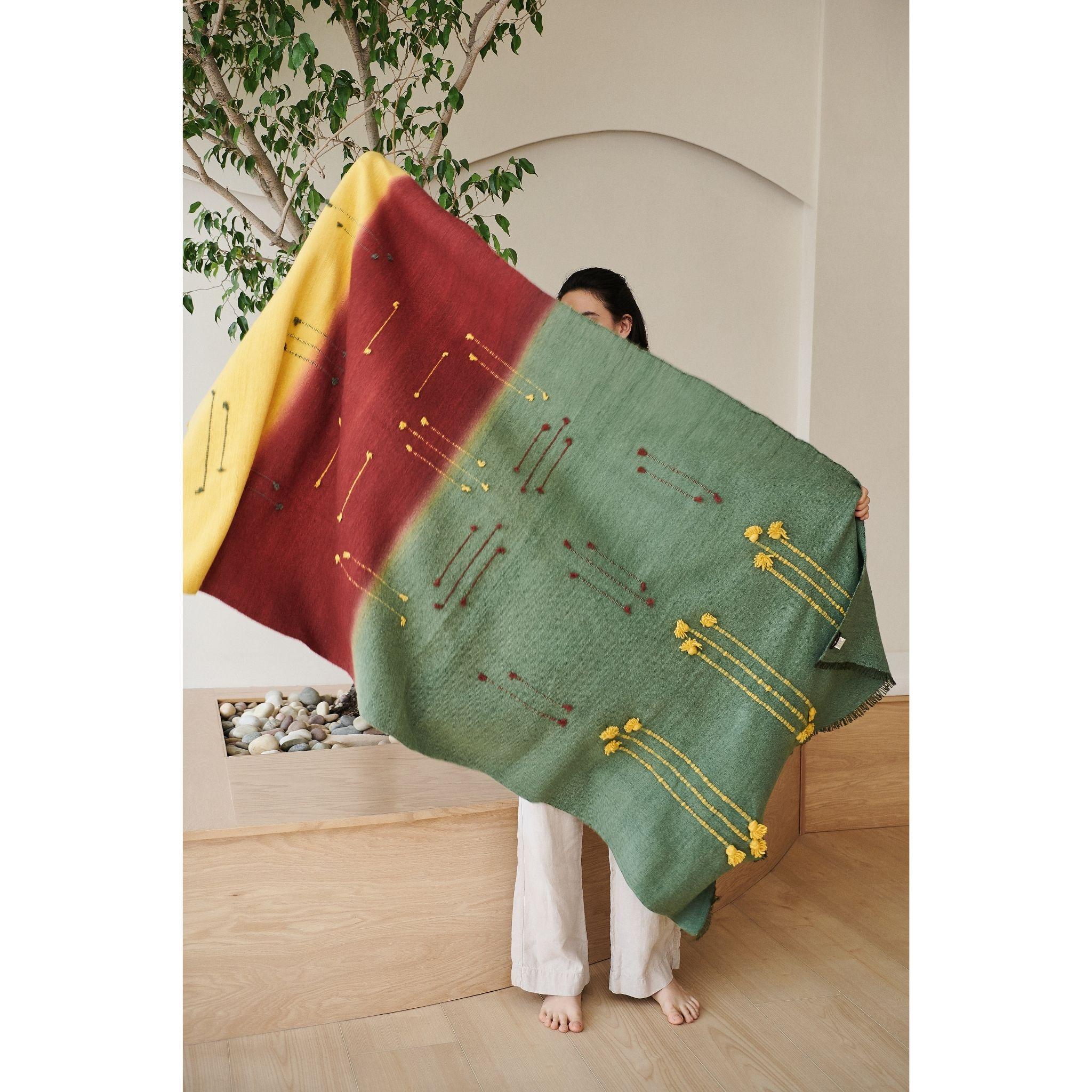 Modern Avocado Green Multi Color Warm Hue Hand Woven Hand Knotted Textured Merino Throw For Sale