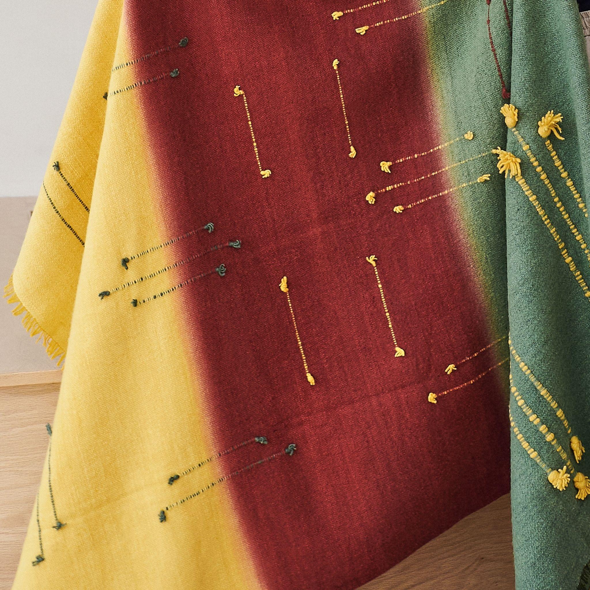 Nepalese Avocado Green Multi Color Warm Hue Hand Woven Hand Knotted Textured Merino Throw For Sale