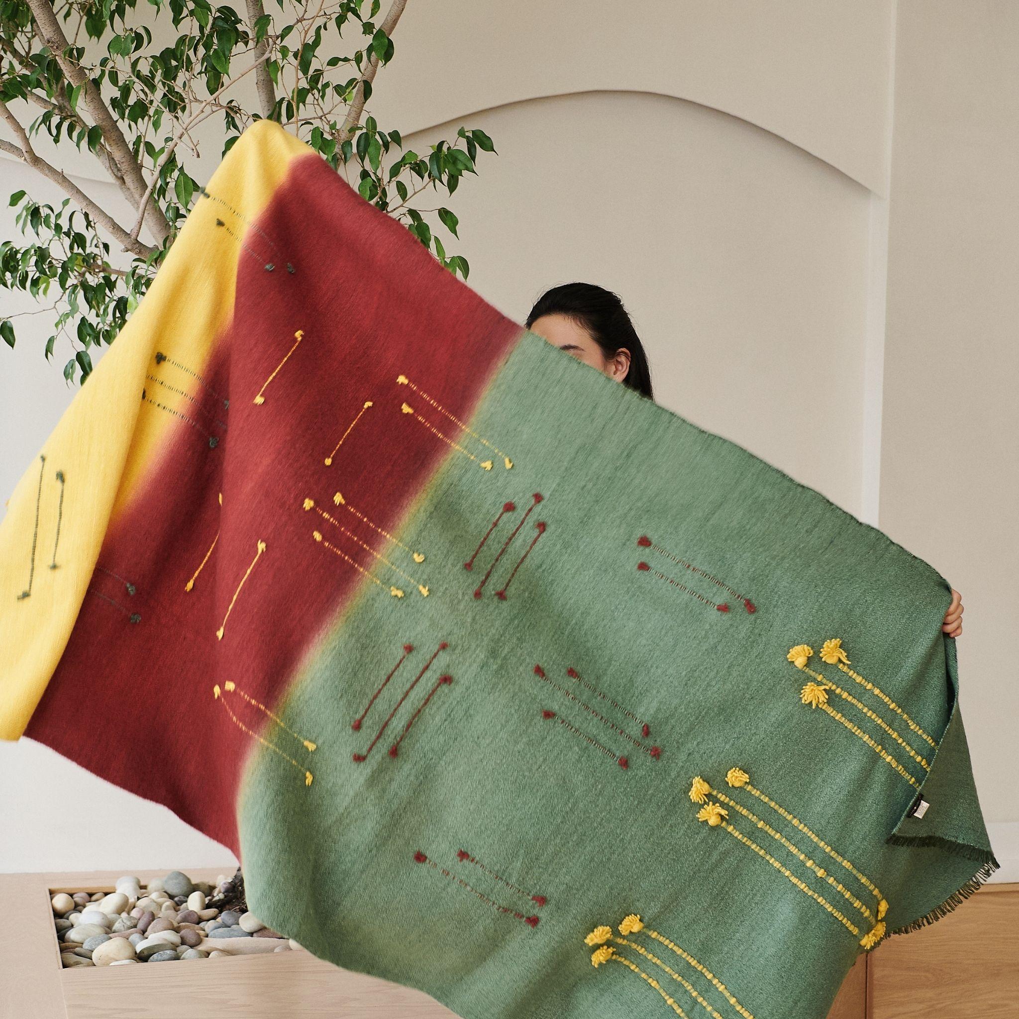 Hand-Woven Avocado Green Multi Color Warm Hue Hand Woven Hand Knotted Textured Merino Throw For Sale