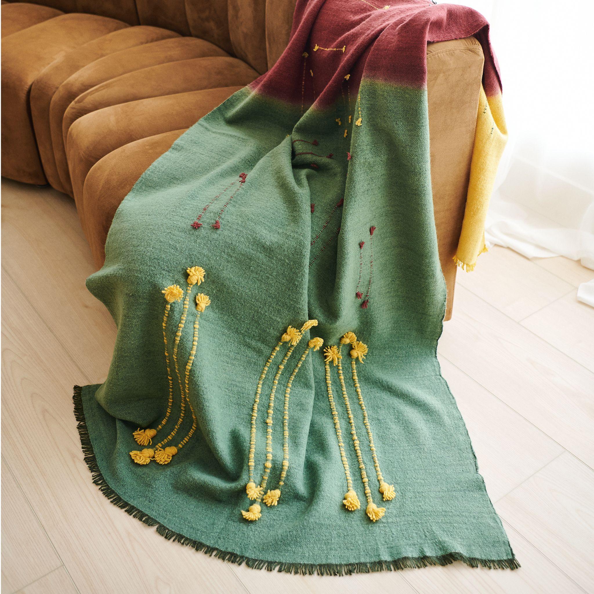 Avocado Green Multi Color Warm Hue Hand Woven Hand Knotted Textured Merino Throw In New Condition For Sale In Bloomfield Hills, MI