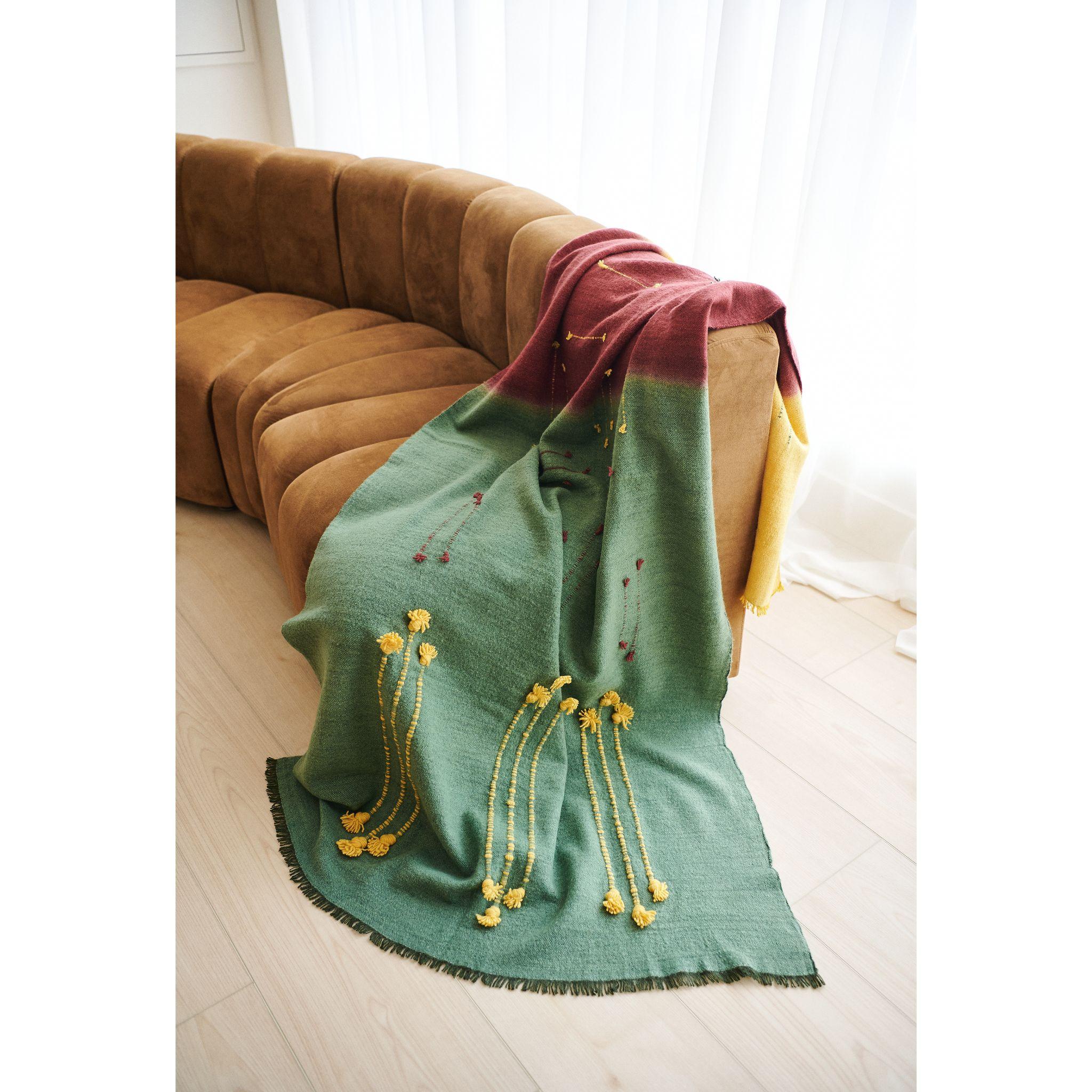 Contemporary Avocado Green Multi Color Warm Hue Hand Woven Hand Knotted Textured Merino Throw For Sale