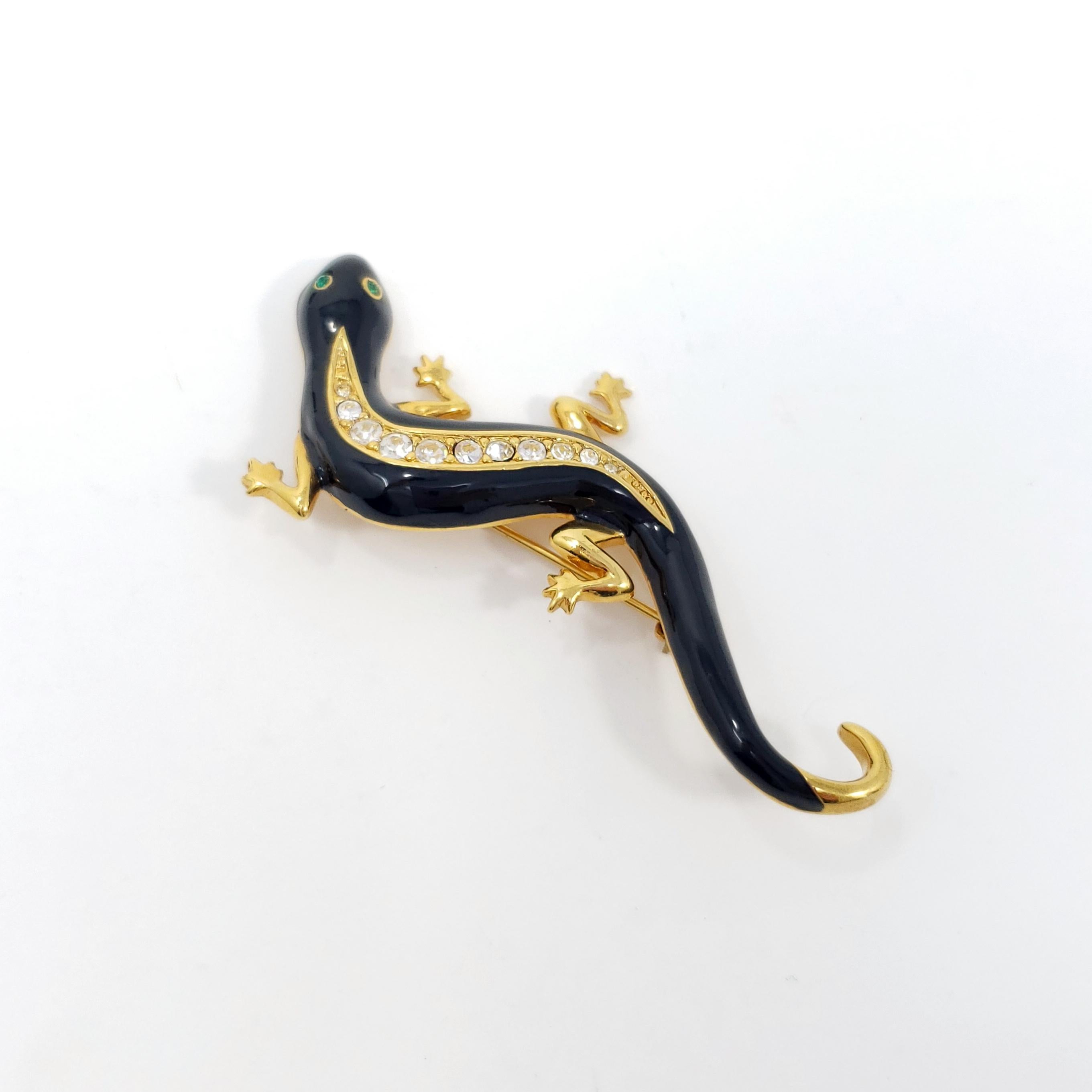 Vintage Avon brooch, featuring a dazzling salamander decorated with crystals and black enamel.

Gold-plated.

Marks / hallmarks: Avon