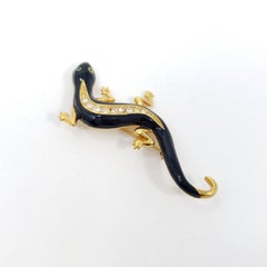 Avon Gold Salamander Brooch, Black Enamel and Clear Crystals, Vintage
