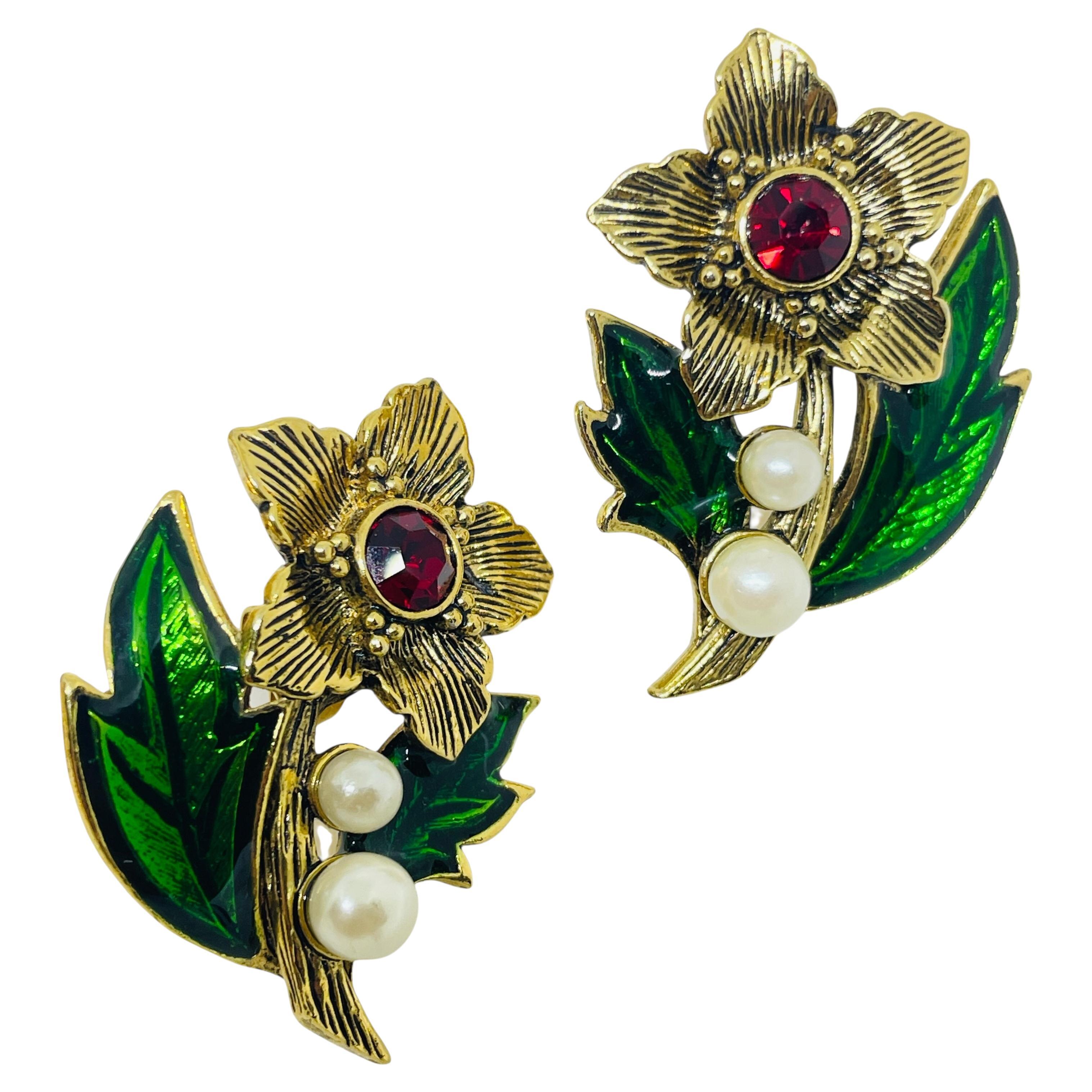 AVON gold tone red green rhinestones enamel pearls designer post earrings