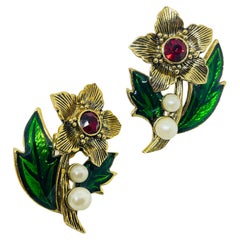 AVON gold tone red green rhinestones enamel pearls designer post earrings