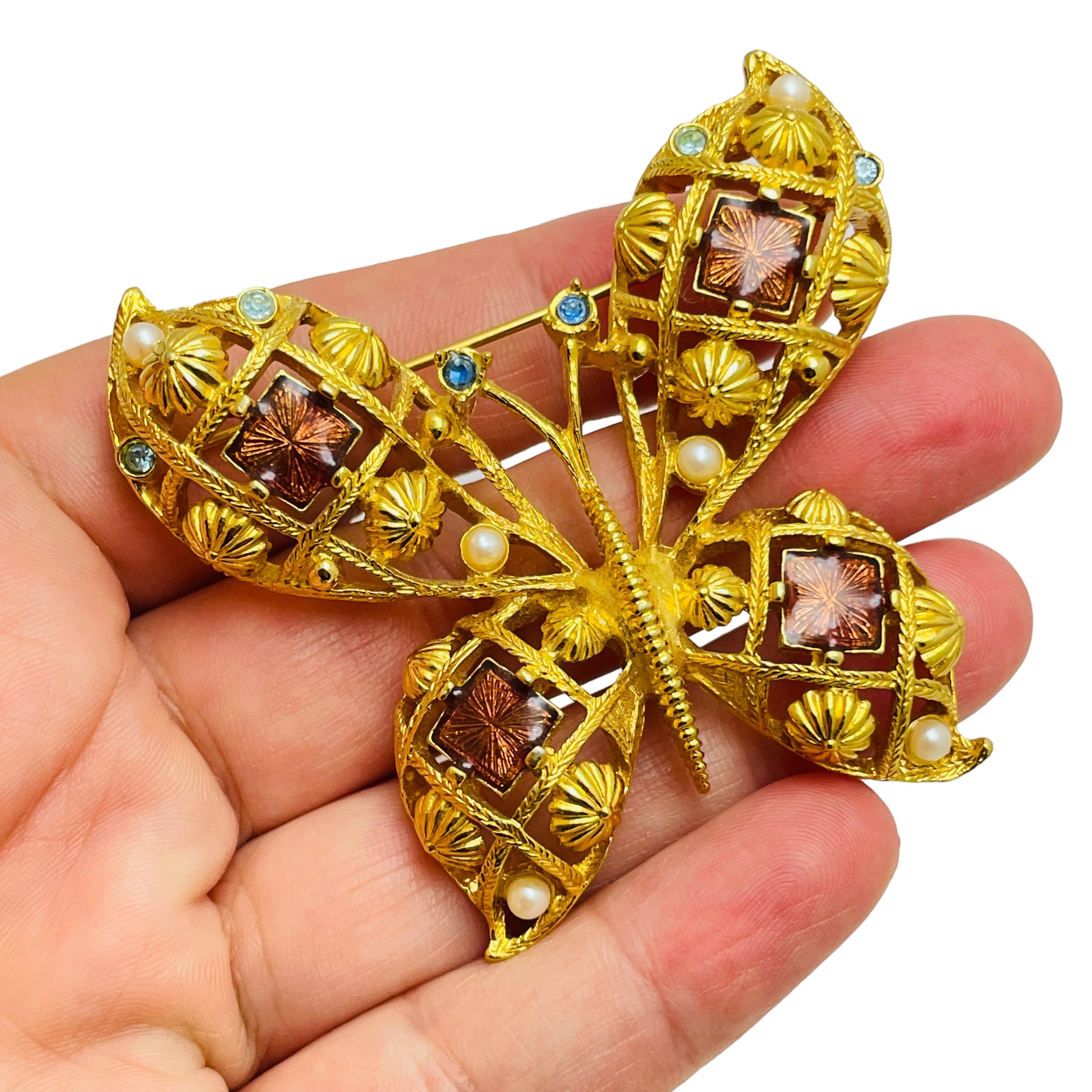 Women's AVON signed gold enamel rhinestones butterfly designer brooch For Sale