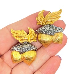AVON signed gold silver tone marcasite acorn designer clip on earrings