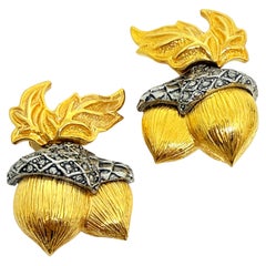 AVON signed gold silver tone marcasite acorn designer clip on earrings