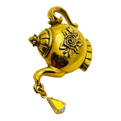 AVON signed gold teapot dangle crystal drop designer pin brooch