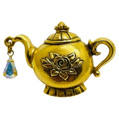 Vintage AVON signed gold teapot dangle crystal drop designer pin brooch 