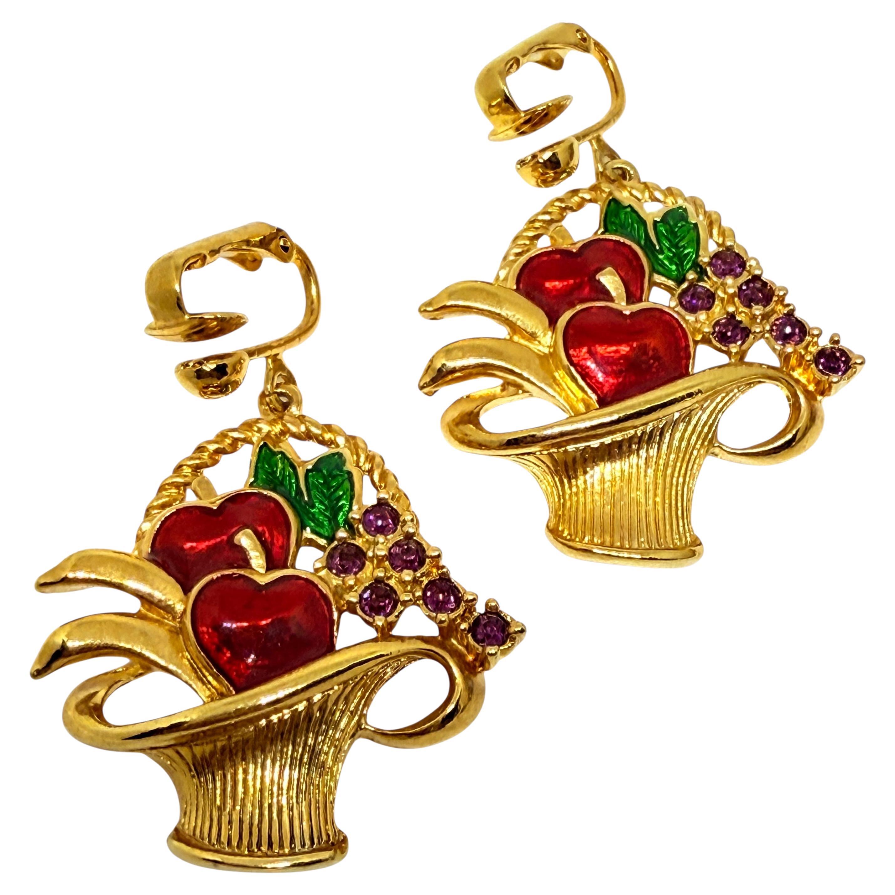 AVON signed gold tone enamel rhinestones fruit basket designer dangle earrings
