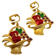 AVON signed gold tone enamel rhinestones fruit basket designer dangle earrings