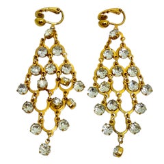 AVON signed gold tone rhinestones chandelier designer dangle earrings