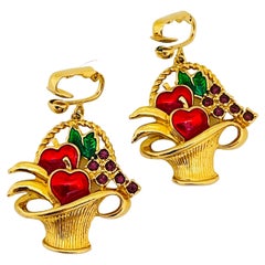 AVON signed vintage gold enamel rhinestone dangle fruit basket clip on earrings