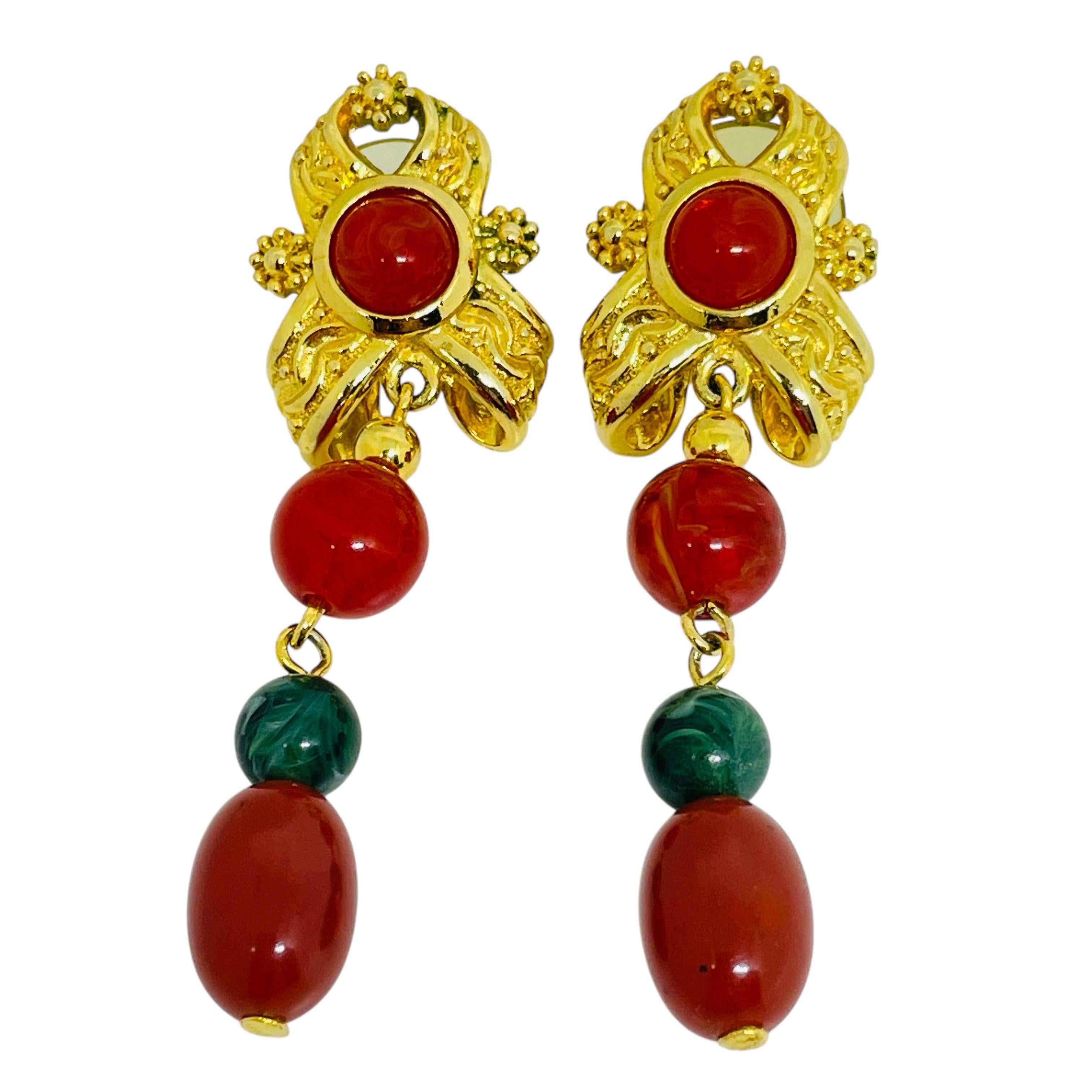 AVON signed vintage gold faux jade carnelian designer clip on earrings