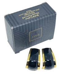 Avon - Boucles d'oreilles percées vintage signées, émail noir et ton or