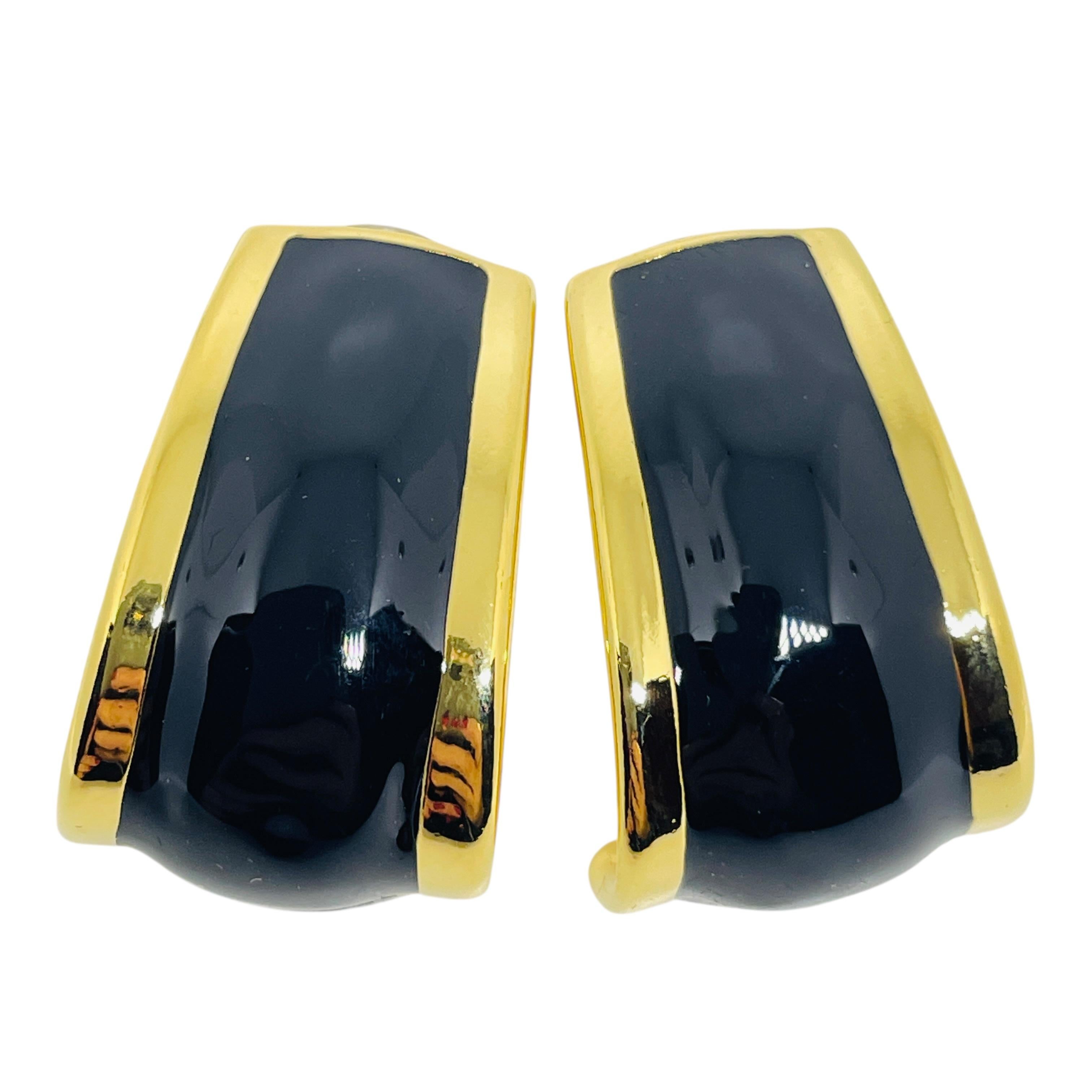 AVON signed vintage gold tone black enamel designer pierced earrings For Sale