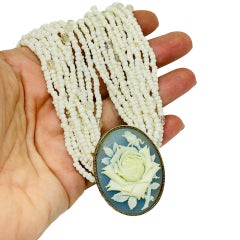 AVON signed vintage gold tone cameo flower multi strand pearl designer necklace