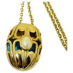 AVON signed vintage gold tone chain sapphire glass perfume bottle necklace