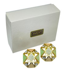 AVON signed vintage gold tone enamel rhinestone designer pierced earrings