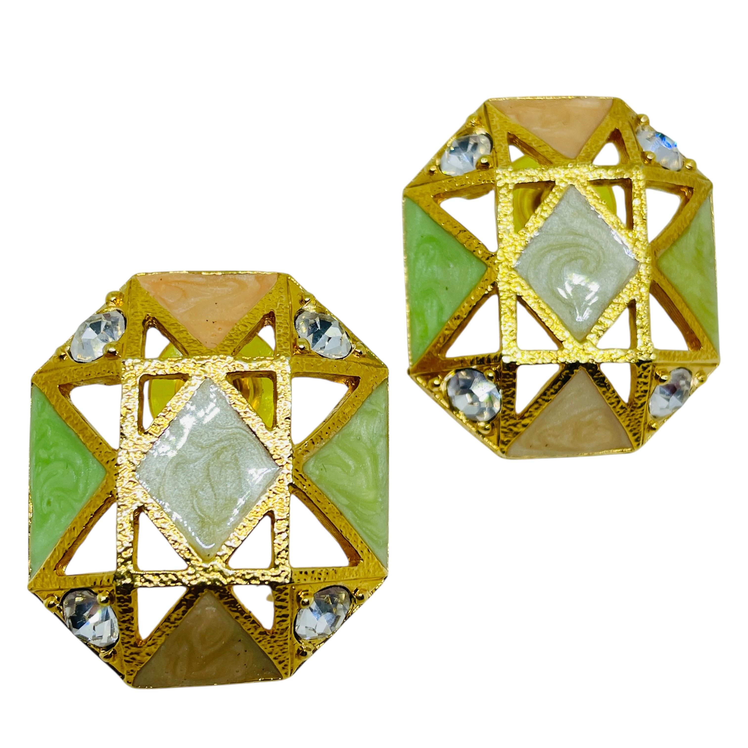 AVON signed vintage gold tone enamel rhinestone designer pierced earrings For Sale
