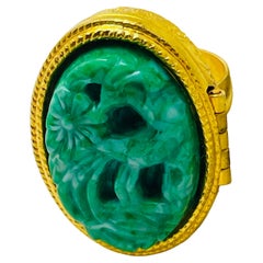 AVON signed vintage gold tone faux carved jade designer ring