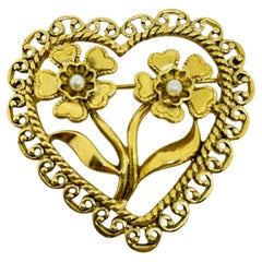 AVON signed vintage gold tone faux pearls heart designer brooch