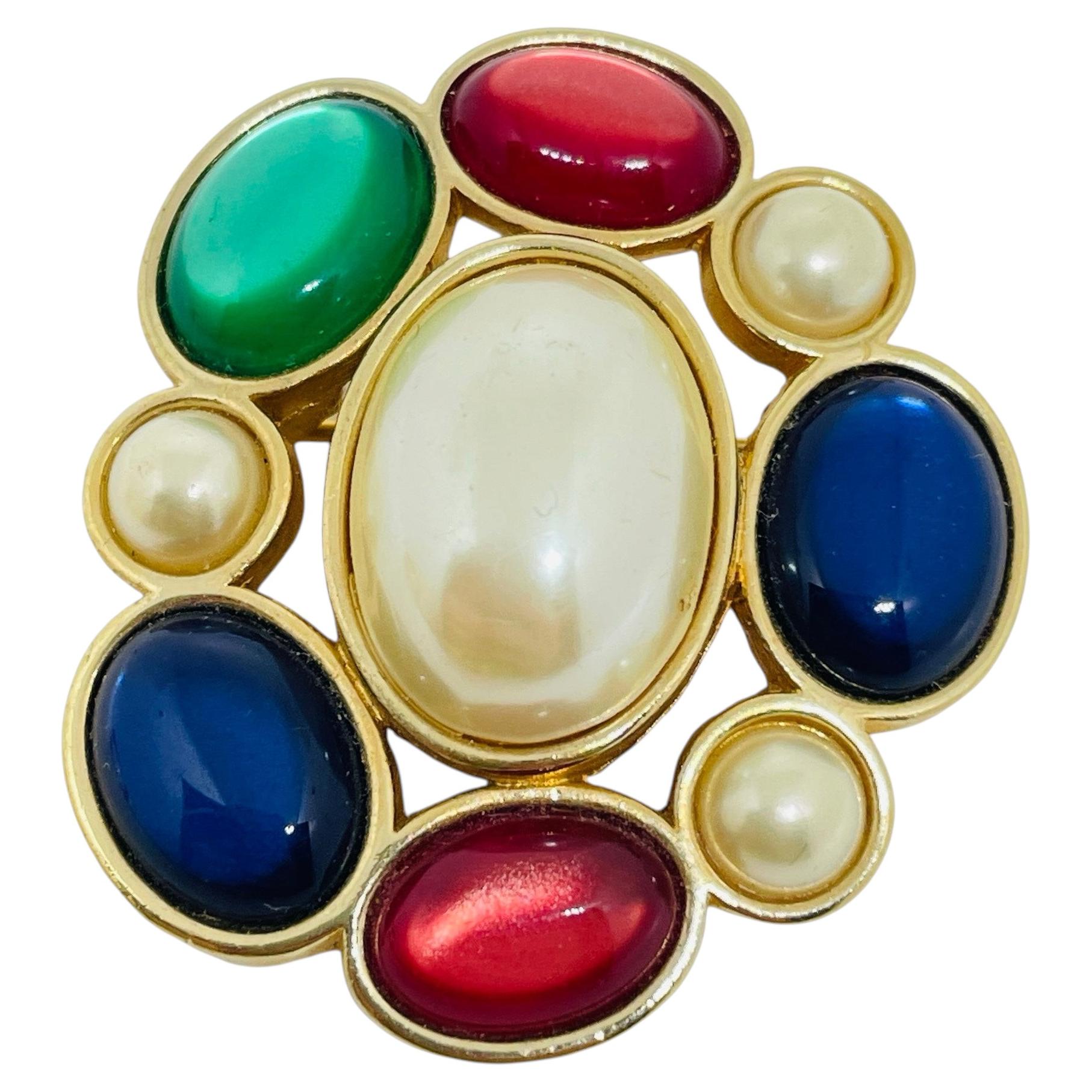 Pre-owned Avon Signed Vintage Gold Tone Glass Pearls Jewel Cabochon Designer Brooch In Multi