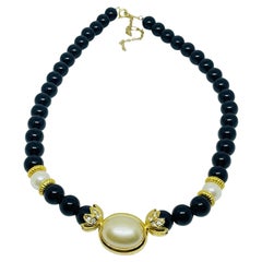 AVON signed vintage gold tone lucite pearl rhinestones designer beaded necklace