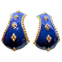 AVON orecchini a clip firmati vintage in oro e smalto blu marino di design etrusco