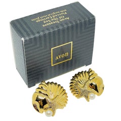 AVON signiert Jahrgang Goldton Perle Schätze des Meeres Designer Ohrringe