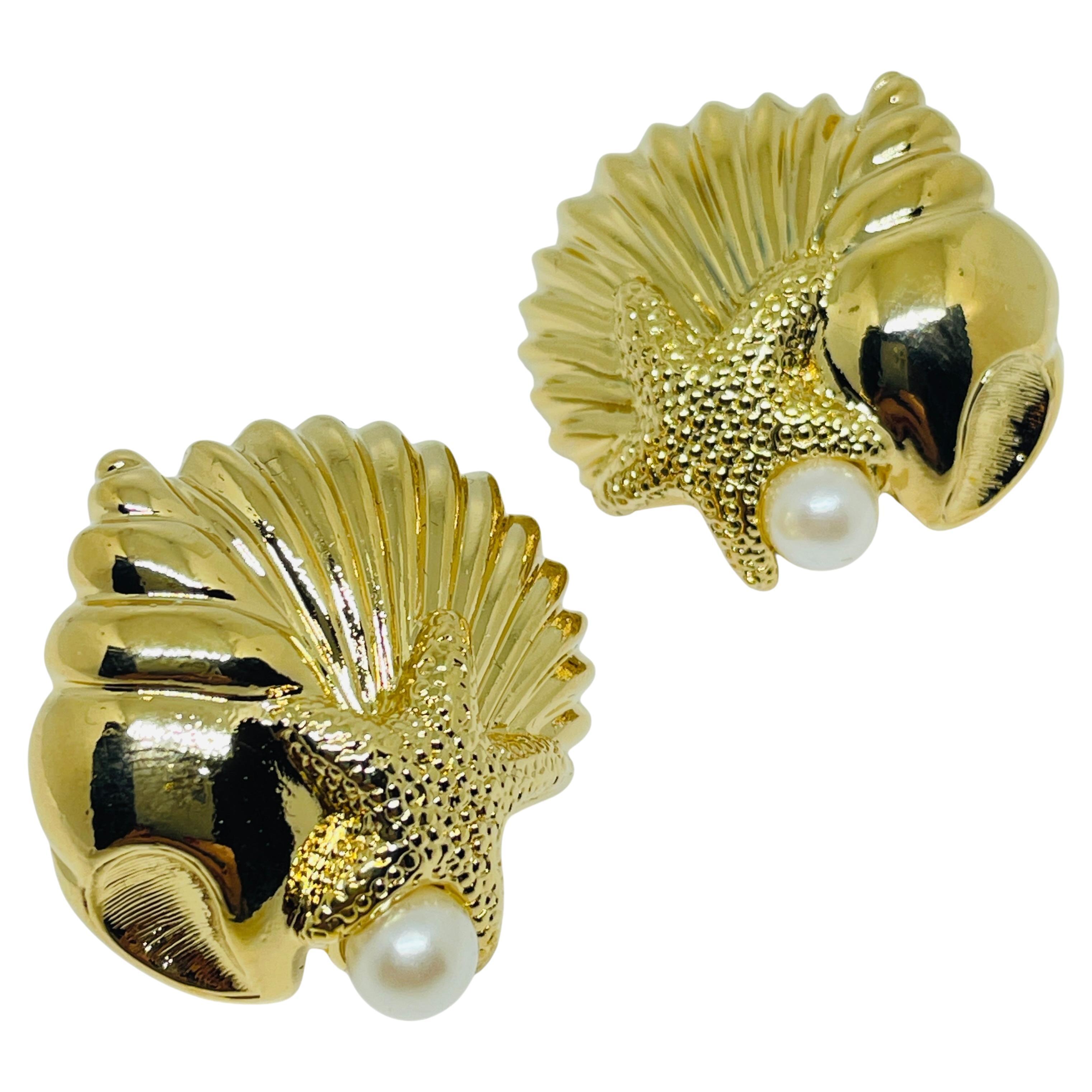 AVON signed vintage gold tone pearl treasures of the sea designer earrings For Sale