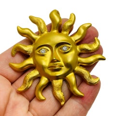AVON signed vintage matte gold tone rhinestone sun designer runway brooch