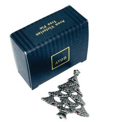 AVON silver tone red rhinestone marcasite 'VICTORIAN TREE' Christmas pin