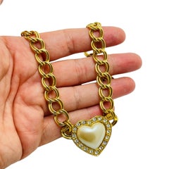 AVON vintage gold chain pearl rhinestone heart designer runway necklace
