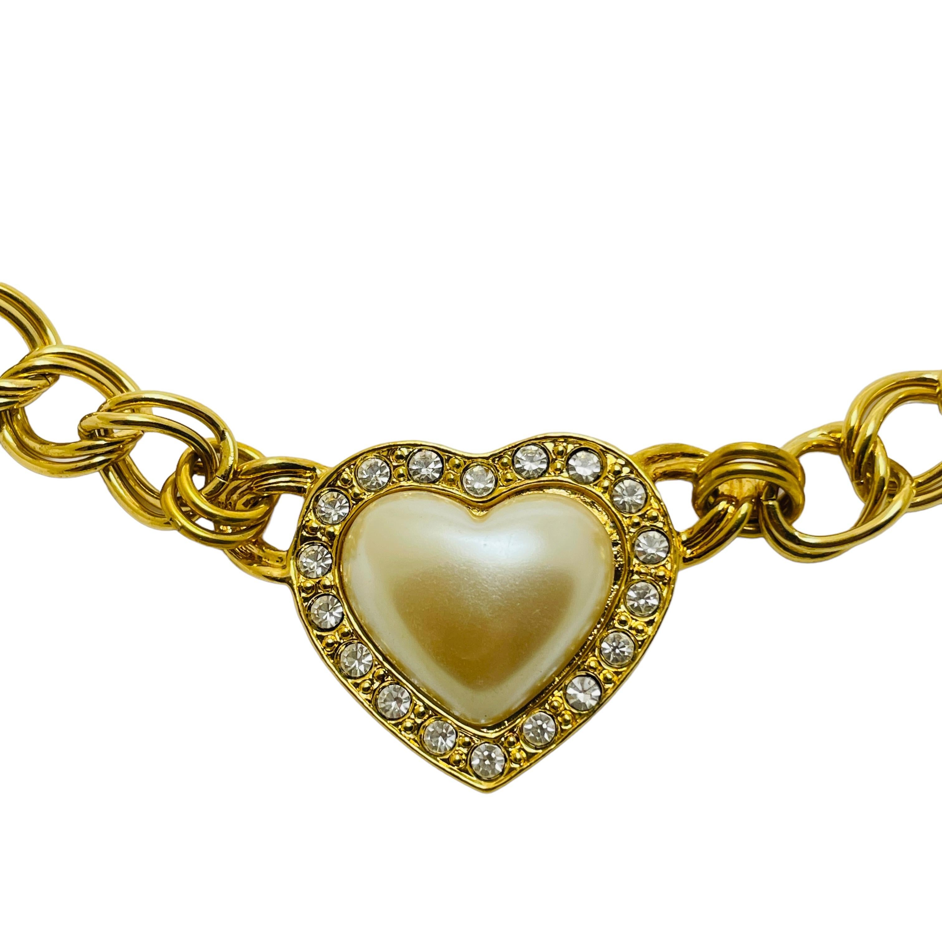 Women's or Men's AVON vintage gold chain pearl rhinestone heart designer runway necklace For Sale