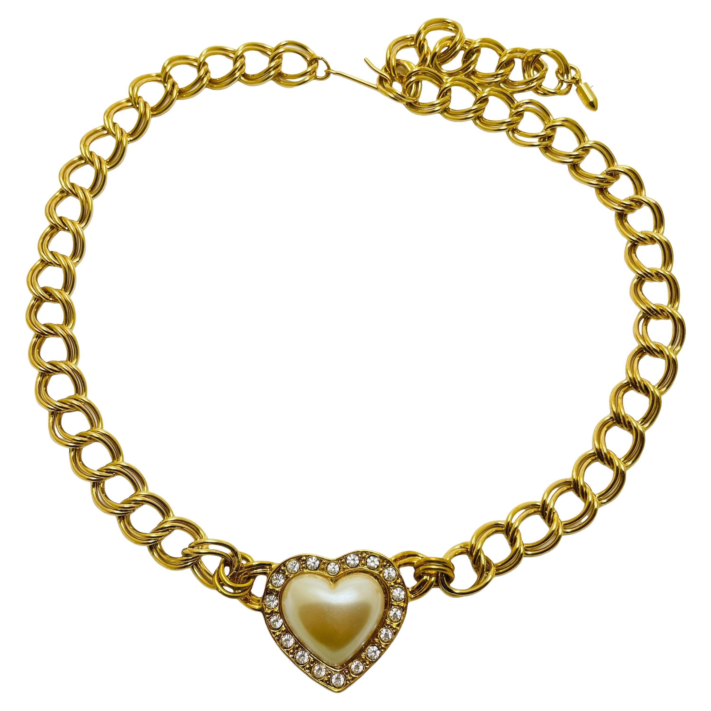 AVON vintage gold chain pearl rhinestone heart designer runway necklace For Sale