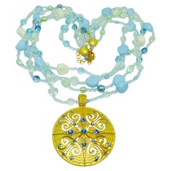 AVON vintage gold medallion mediterranean blue glass multi strand necklace AVON vintage gold medallion mediterranean blue glass multi strand necklace