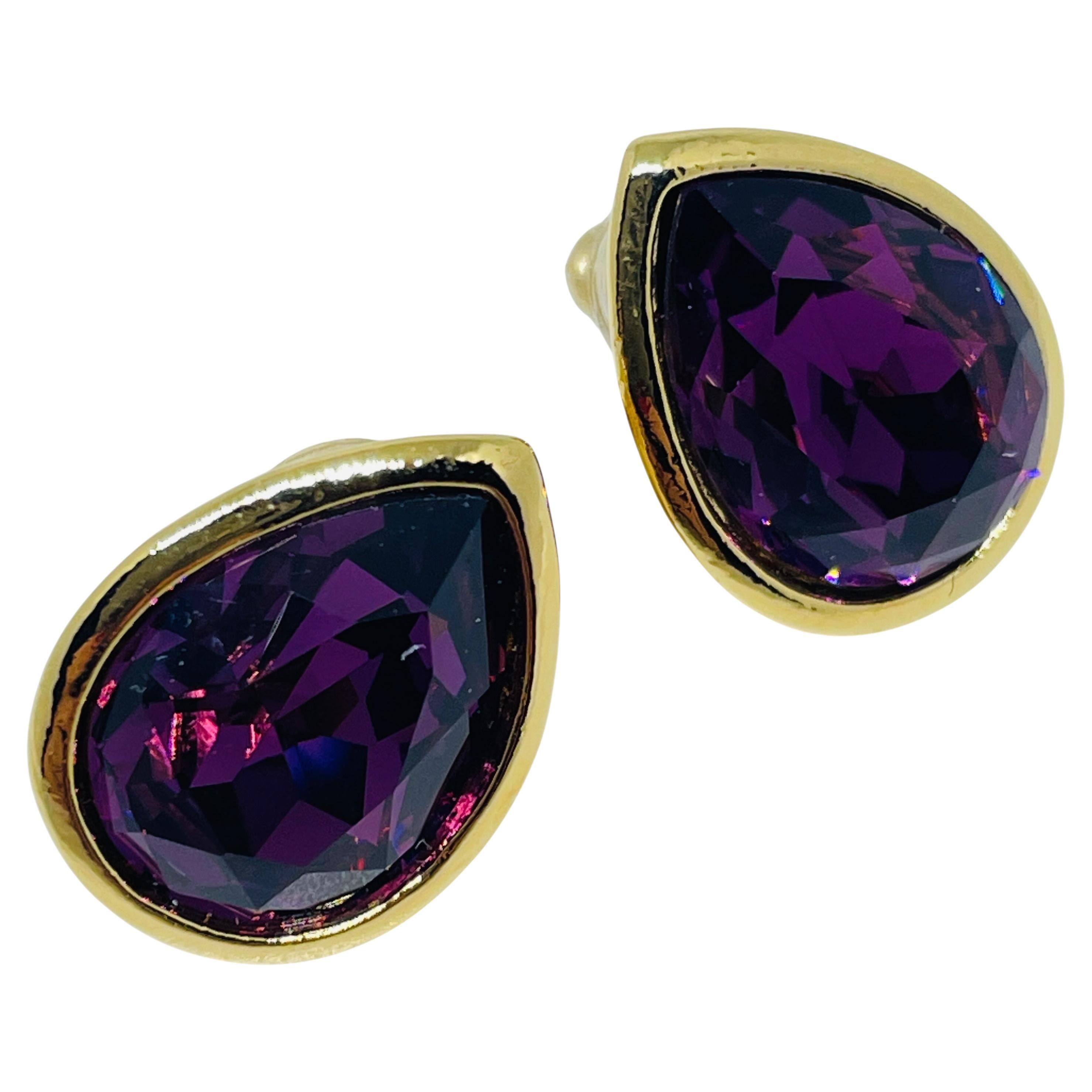 AVON vintage gold tone amethyst glass teardrop designer pierced earrings For Sale
