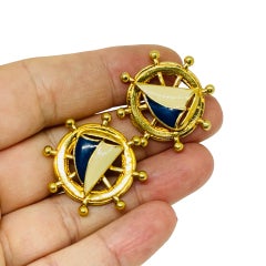 AVON vintage gold tone enamel boat nautical designer pierced earrings