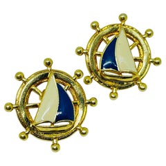 AVON vintage gold tone enamel boat nautical designer pierced earrings