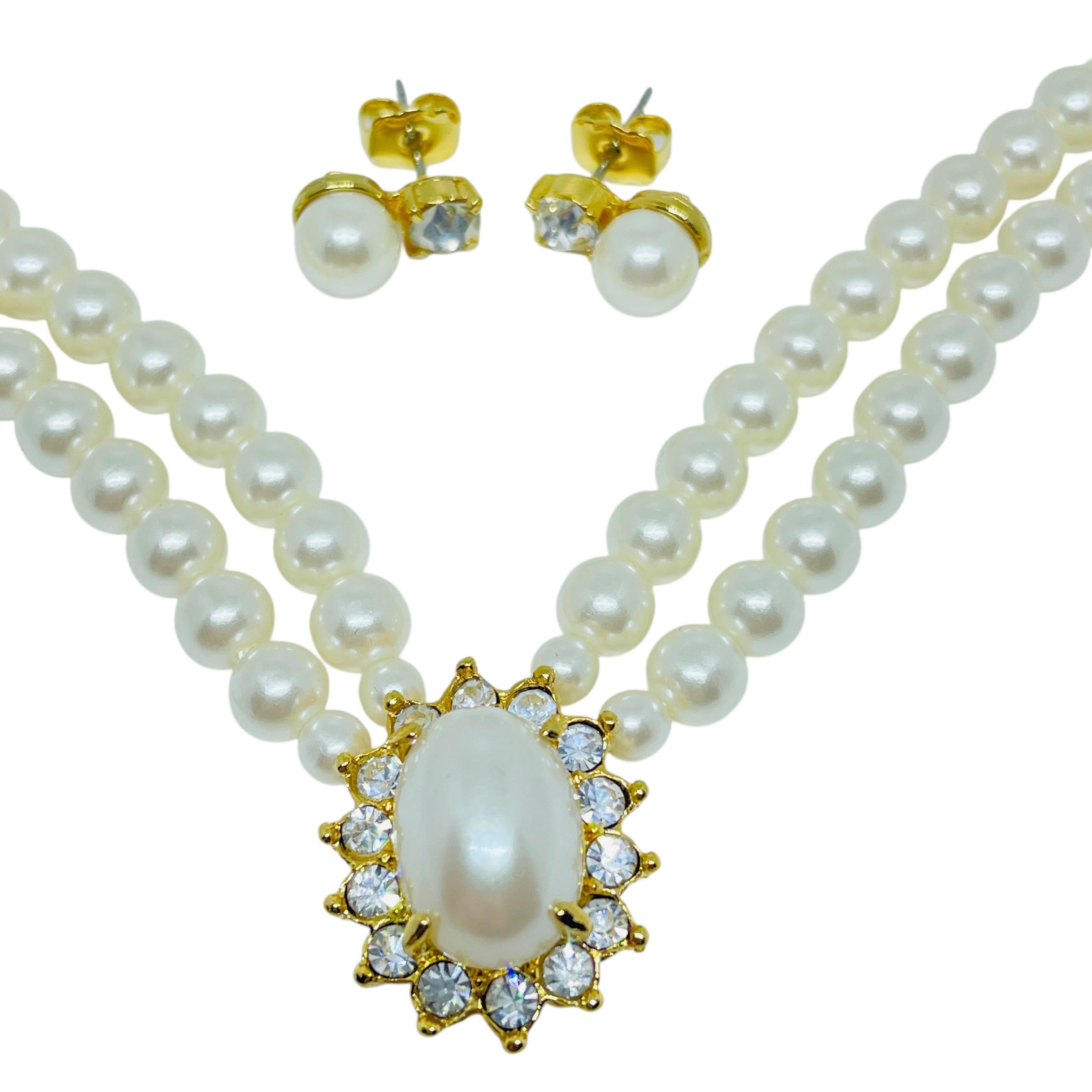 AVON vintage tono oro perle finte strass collana designer set orecchini