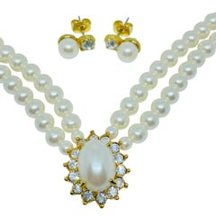 AVON vintage tono oro perle finte strass collana designer set orecchini