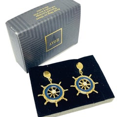 AVON vintage gold tone navy enamel nautical designer drop earrings
