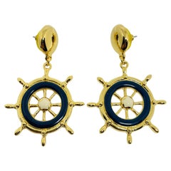 AVON vintage gold tone navy enamel nautical designer drop earrings