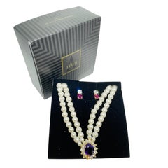 AVON Vintage Gold Ton Perlen Amethyst Glas Strass Halskette Ohrringe Set